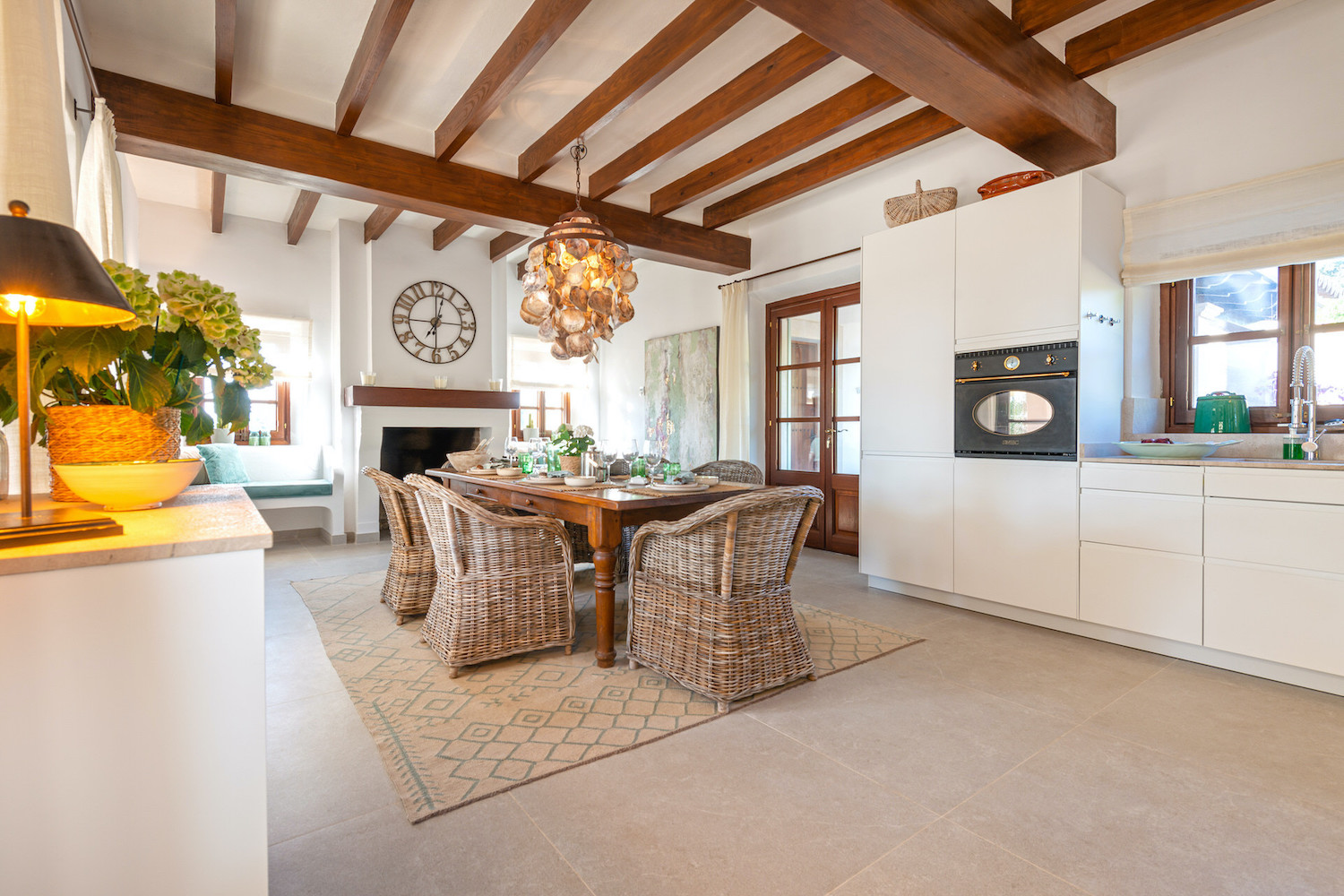 Open dining area with fireplace