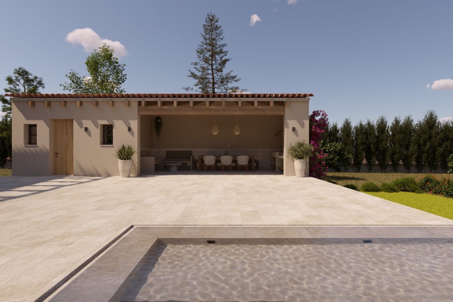 Pool with covered terrace and barbecue area