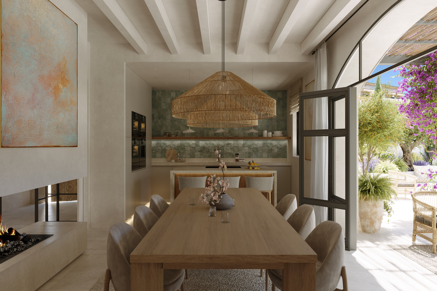 Stylish dining area with a three-sided fireplace