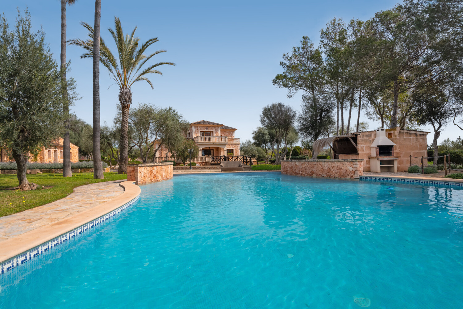Pool area with outdoor kitchen