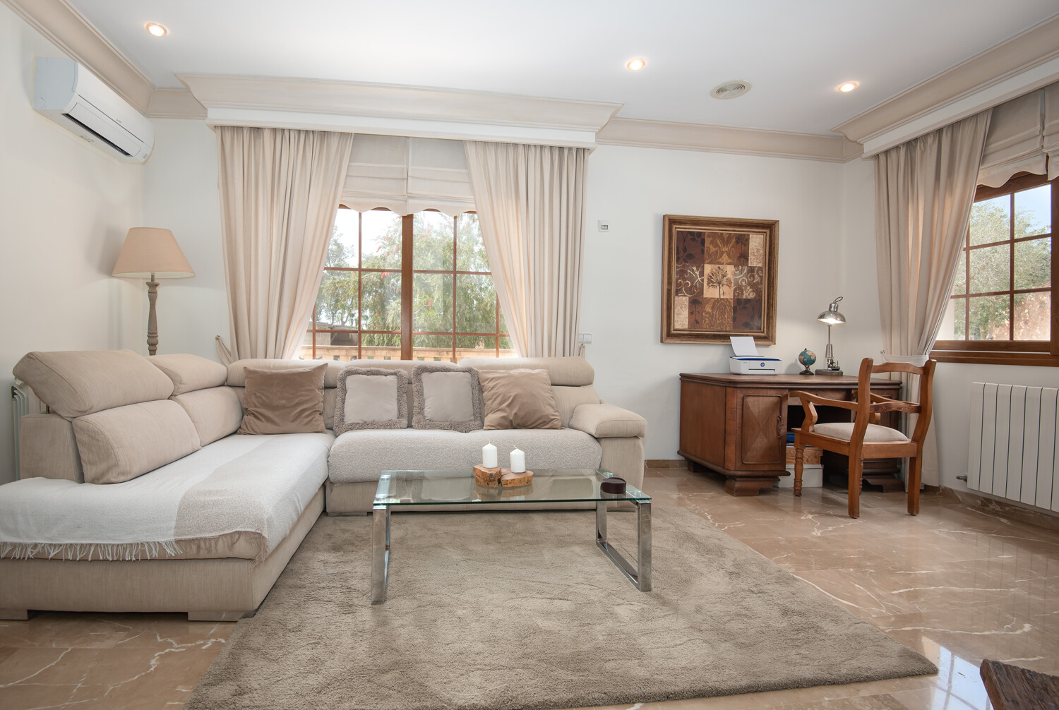 Spacious living area with fireplace and dining space