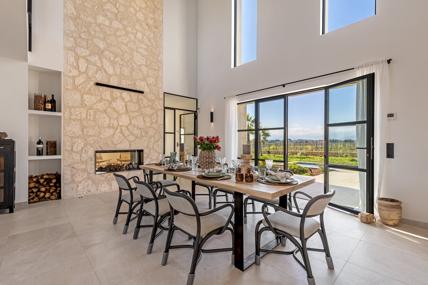 Dining area with modern fireplace