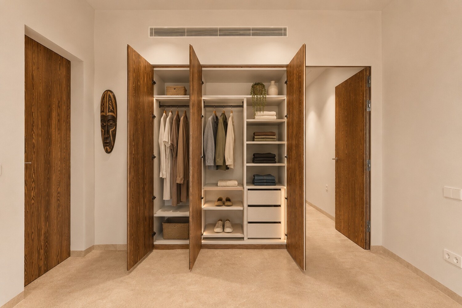 High-quality built-in wardrobe with structured interior layout and natural timber finishes
