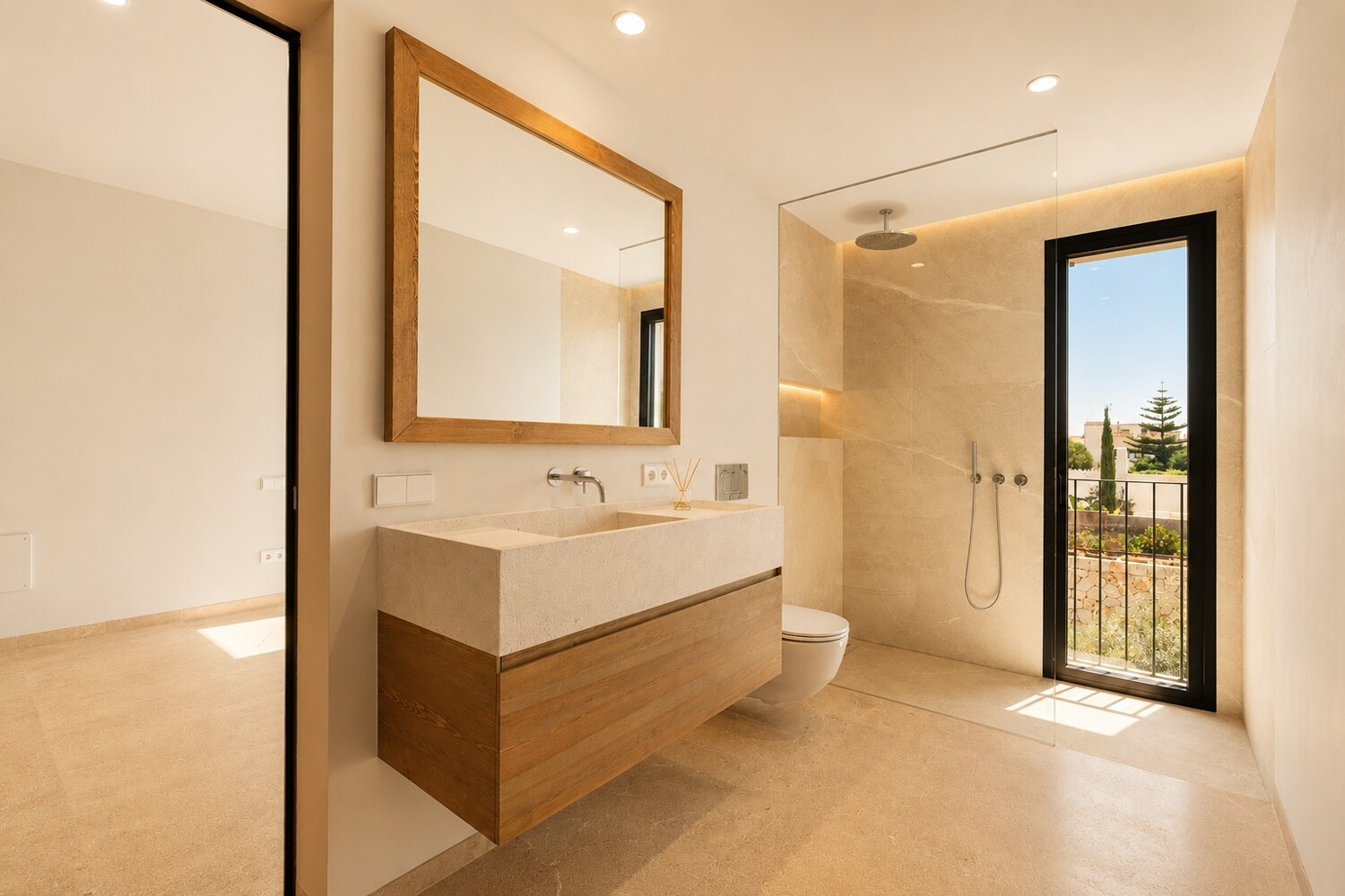 Modern bathroom with walk-in shower, stone vanity and premium sanitary fittings