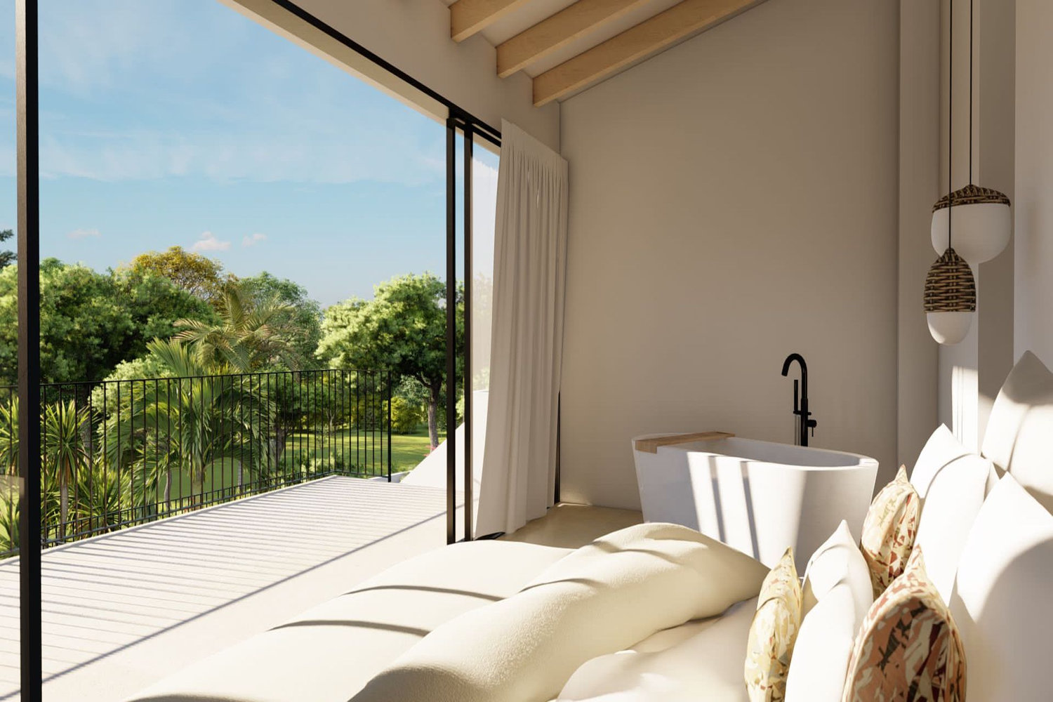 Bedroom with views into the green 